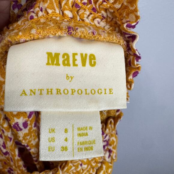 Maeve Anthropologie Goldie Embroidered Blouse Gold Yellow Floral Ruffled Sz 4 - Picture 10 of 14